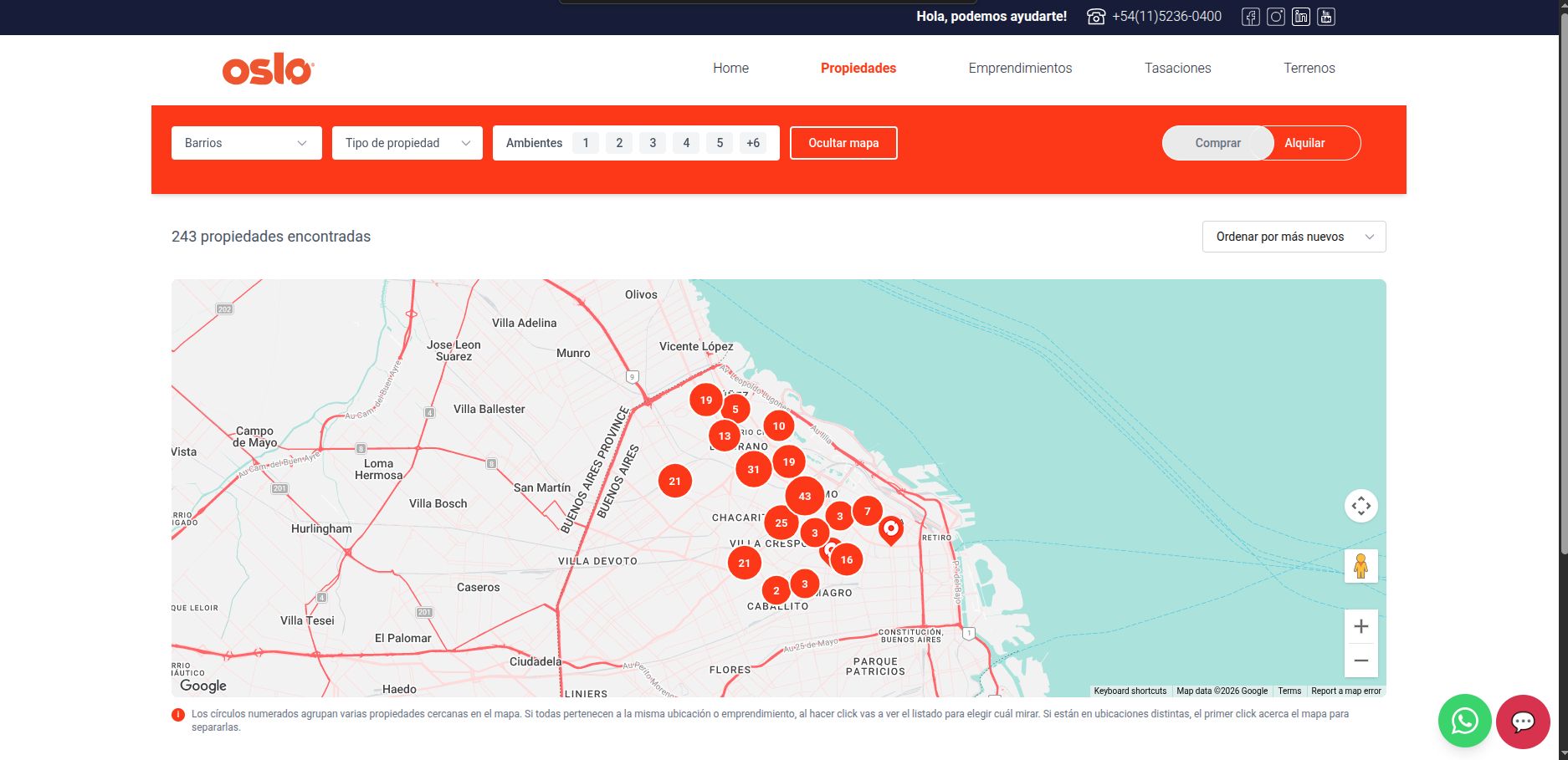 Buscador de propiedades sobre mapa