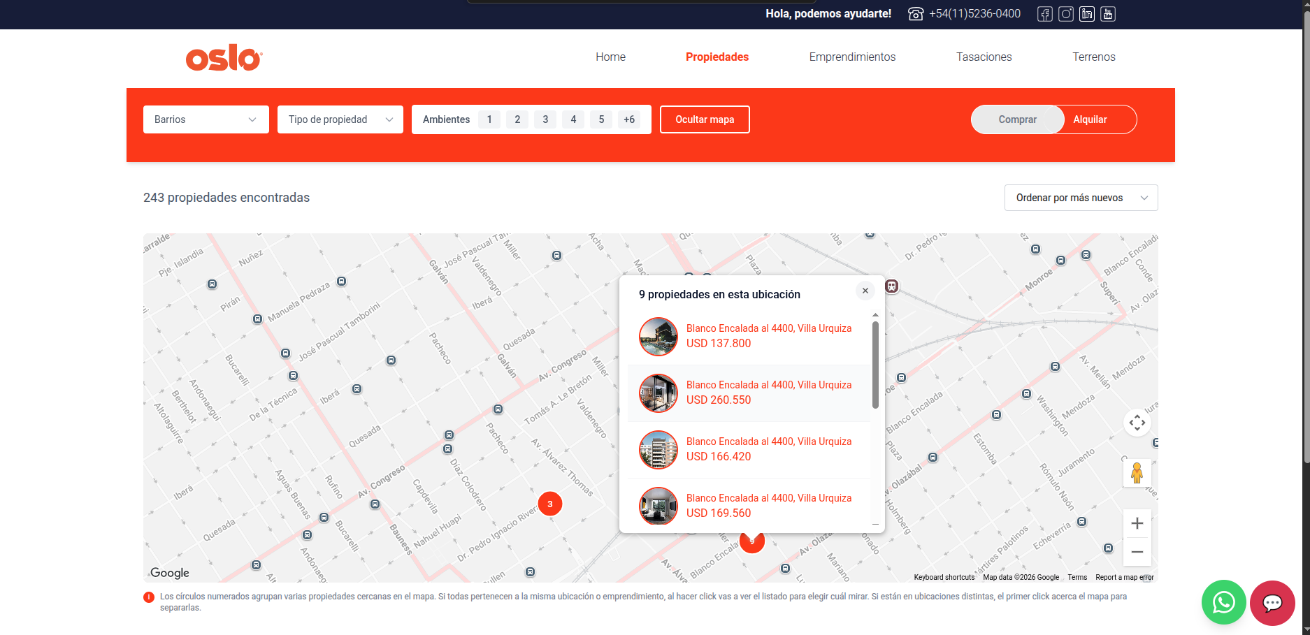Propiedades agrupadas en el mapa