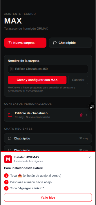 Modal de creación de contexto en MAX
