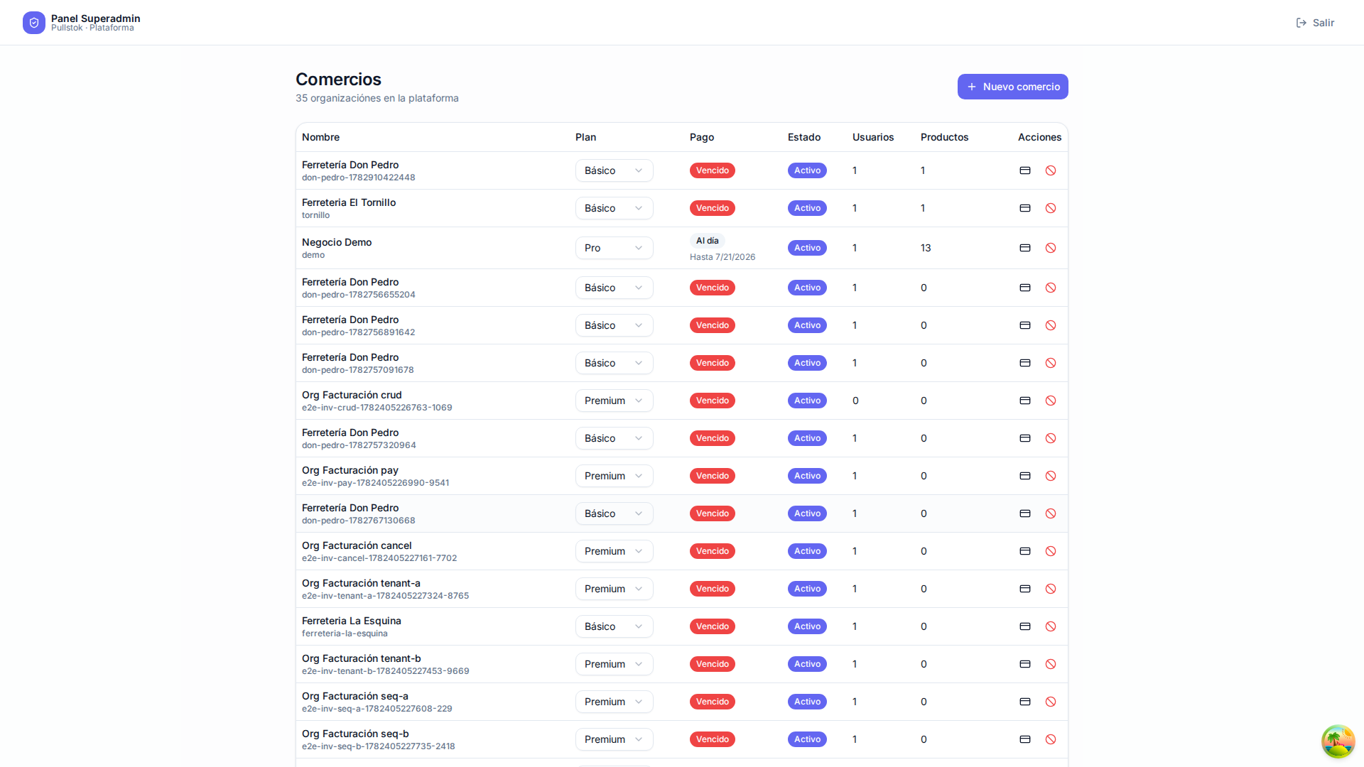Panel de superadmin para gestionar comercios